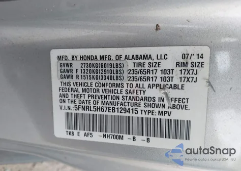 2014 Honda Odyssey Ex-L z USA, uszkodzony, nr VIN 5FNRL5H67EB129415